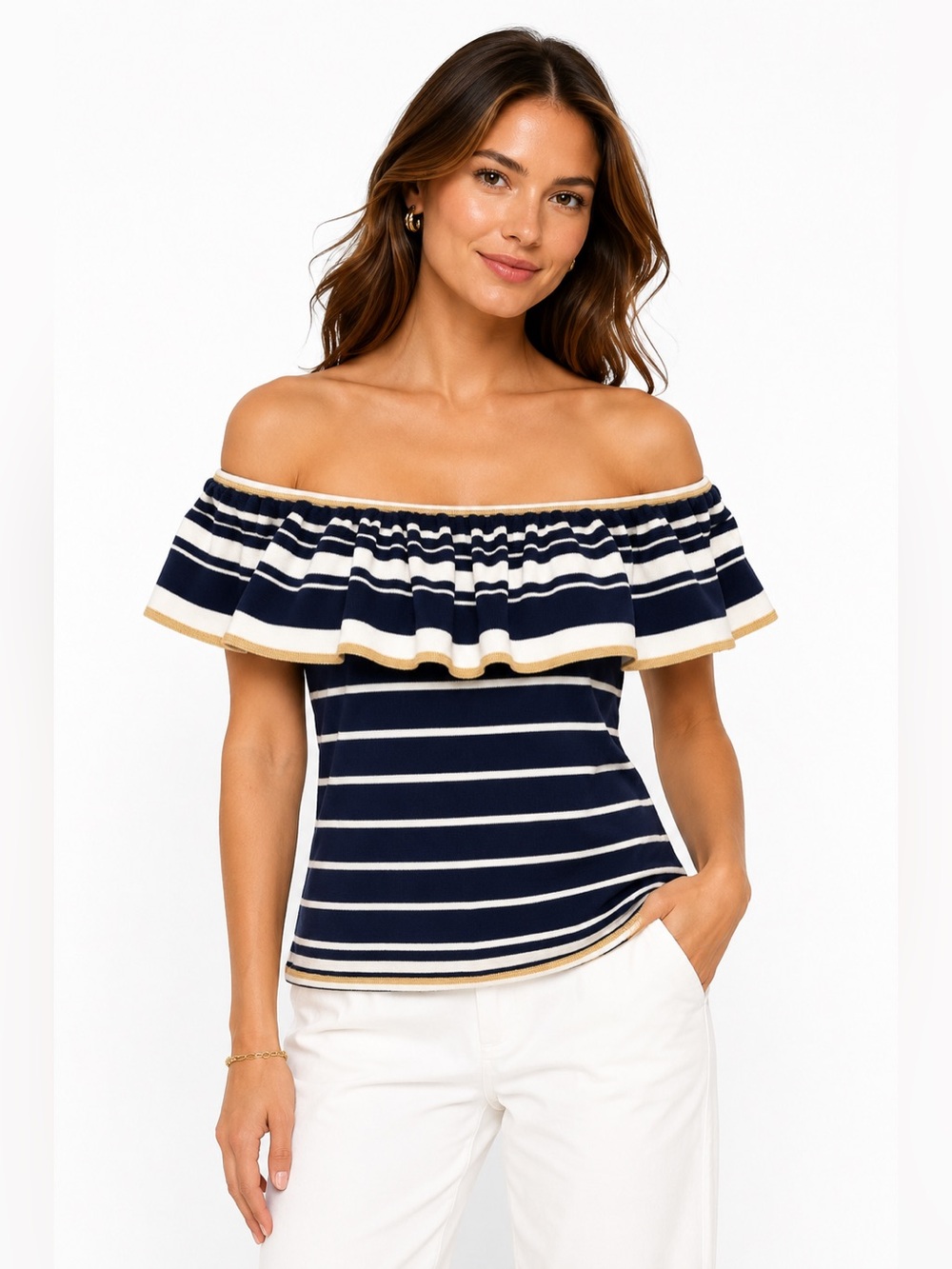 Lilly Pulitzer Navy Stripe Ruffle Off Shoulder Knit nautical Top Medium Beachy